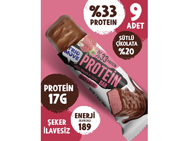 Çikolata Kaplamalı Protein Bar - Çilekli ve Sütlü Çikolatalı 50 g x 9 Adet