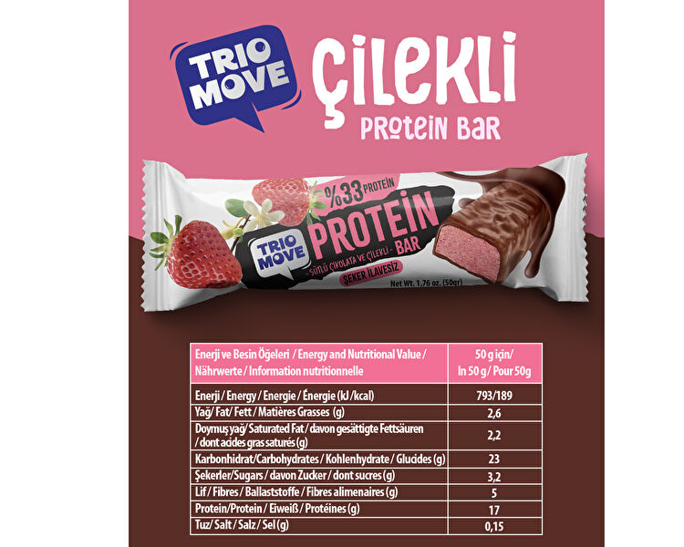 Çikolata Kaplamalı Protein Bar - Çilekli ve Sütlü Çikolatalı 50 g x 9 Adet