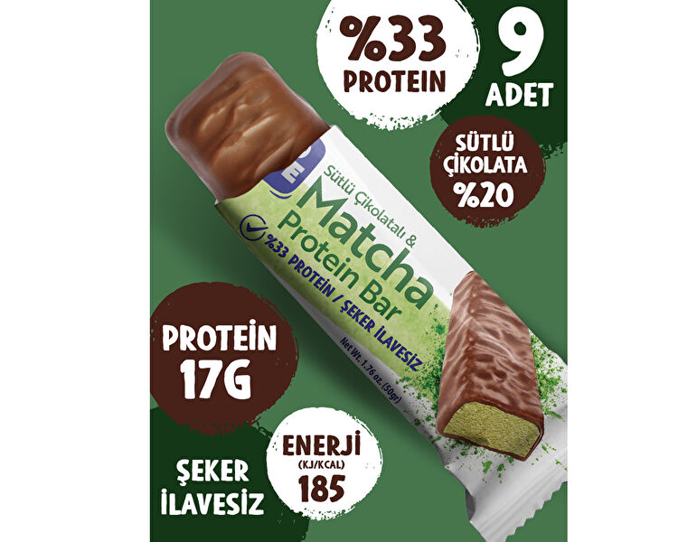 Çikolata Kaplamalı Protein Bar - Matcha ve Sütlü Çikolatalı 50 g x9 Adet