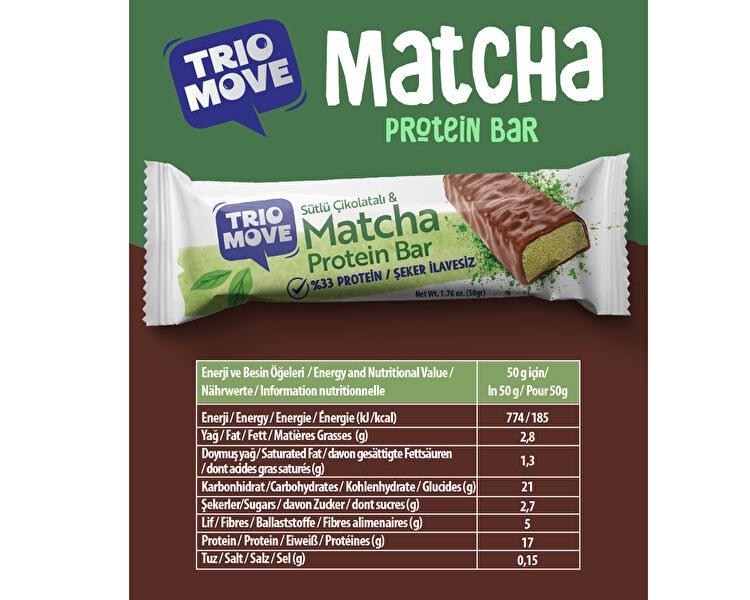 Çikolata Kaplamalı Protein Bar - Matcha ve Sütlü Çikolatalı 50 g x9 Adet